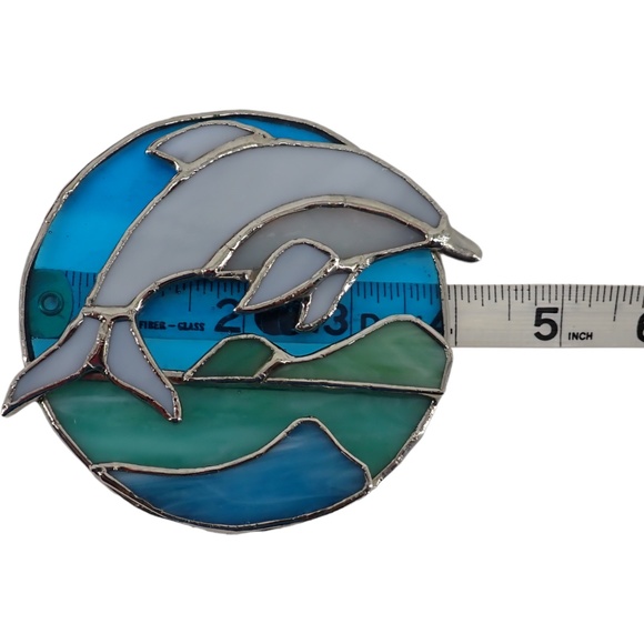 Jumping Dolphin Stained Glass Sun Catcher with Ocean & Mountains 4" Beach Decor - Picture 4 of 6